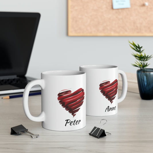 Two Hearts Ceramic Mug (Custom Name Option), 11oz
