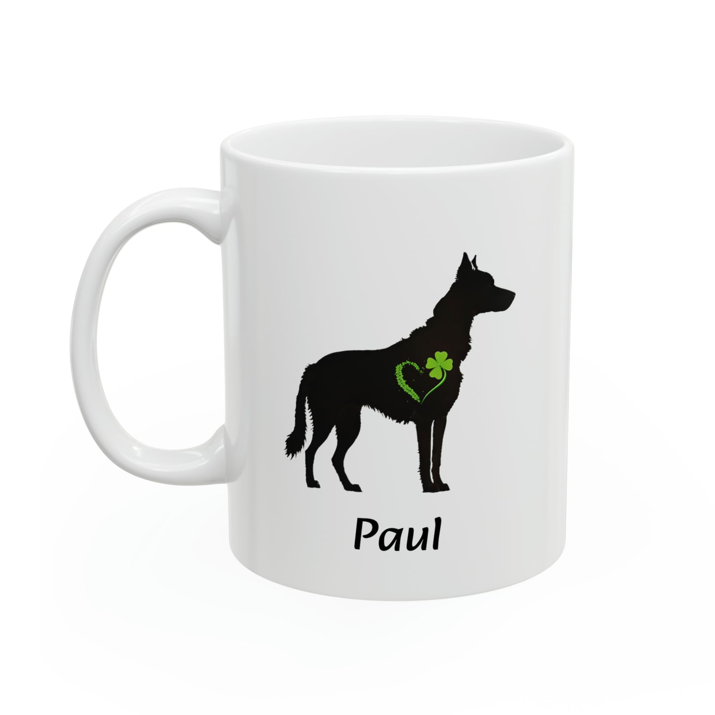 Dog & Cat Mug with Clover for St. Patrick's Day, (Custom Name Option)